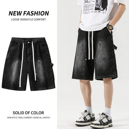 Fashion Streetwear Men's Denim Shorts Summer Loose Vintage Harajuku Splicing Hip-hop Cargo Moto Short Jeans Black Blue