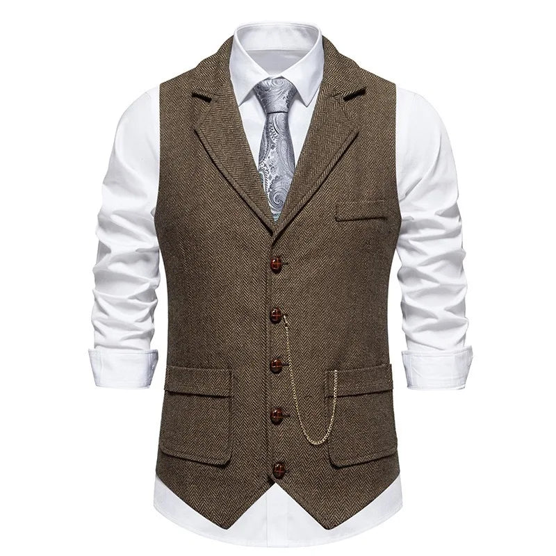 Man Suit Vest British Style Turn Down Collar Male Waistcoat Vintage Single-breasted Business Casual Men Coat Vest
