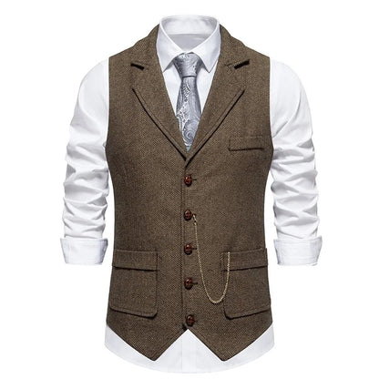 Man Suit Vest British Style Turn Down Collar Male Waistcoat Vintage Single-breasted Business Casual Men Coat Vest