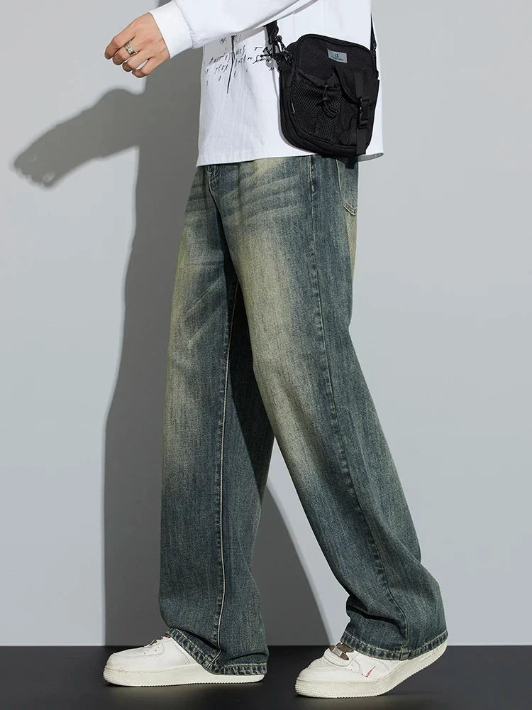 Cotton Baggy Men Wide Leg Jeans Retro Loose Streetwear Fashion Korean Straight Washed Denim Trousers High Quality Brand Clothes