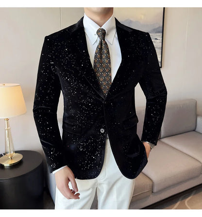 High Quality Velvet Bronzing Suit Coats Mens Sparkle Elegant Slim Business Suits Jacket Homme Formal Social Prom Party Tuxedos