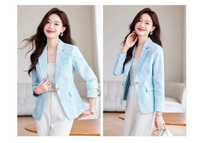 Women Blazer Office Lady 2024 Elegant Slim Notched Women Blazers Jackets Button Long Sleeve Decorative Pattern Female Suit Coat