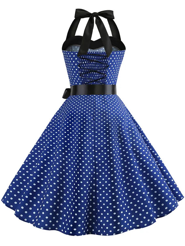 Women Polka Dot Print Summer Dress Sexy Retro White Halter Vintage Dress Robe Femme Pin Up Rockabilly Party Dress