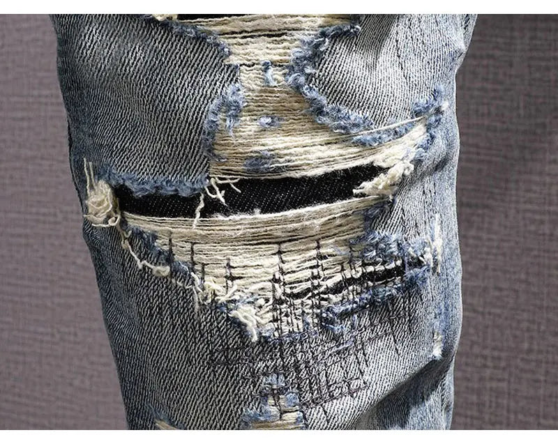 Street Fashion Men Jeans Retro Blue Stretch Slim Fit Hole Ripped Jeans Men Patched Designer Hip Hop Vintage Denim Pants Hombre