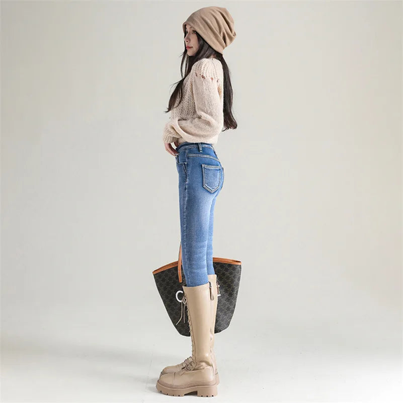 New Winter Women Snow Thermal Fleece Skinny Jeans Casual Lady Warm Velvet Thick Pencil Pants Female Basic Fleece Denim Trousers