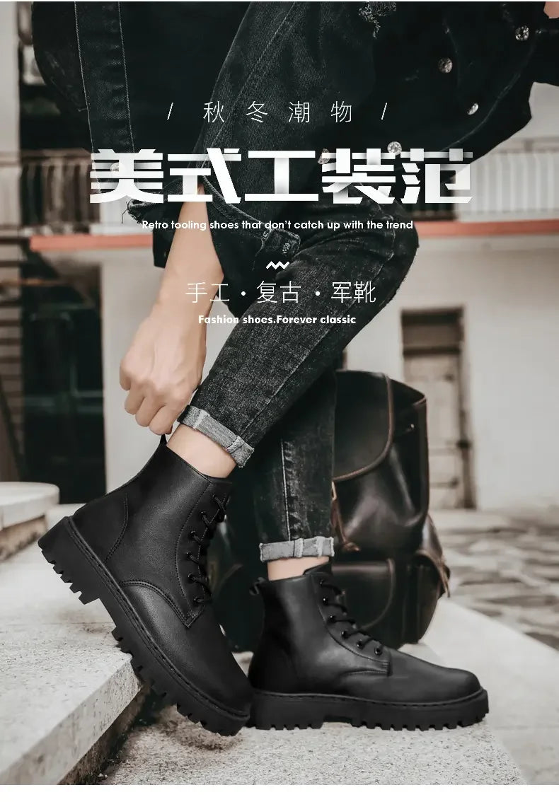 Men Shoes Autumn Anti Slip Waterproof High Top Black Lace Up Casual Leather Shoes Platform Boots Fashion Trend Motorcycle Boots