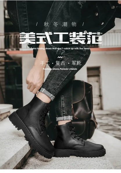 Men Shoes Autumn Anti Slip Waterproof High Top Black Lace Up Casual Leather Shoes Platform Boots Fashion Trend Motorcycle Boots