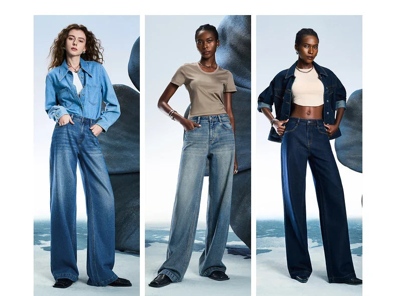 Women Denim Jeans 2025 Spring New Acetate Wide Leg Mid Low Waist Slim Fit Straight Wide Leg Pants