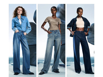Women Denim Jeans 2025 Spring New Acetate Wide Leg Mid Low Waist Slim Fit Straight Wide Leg Pants