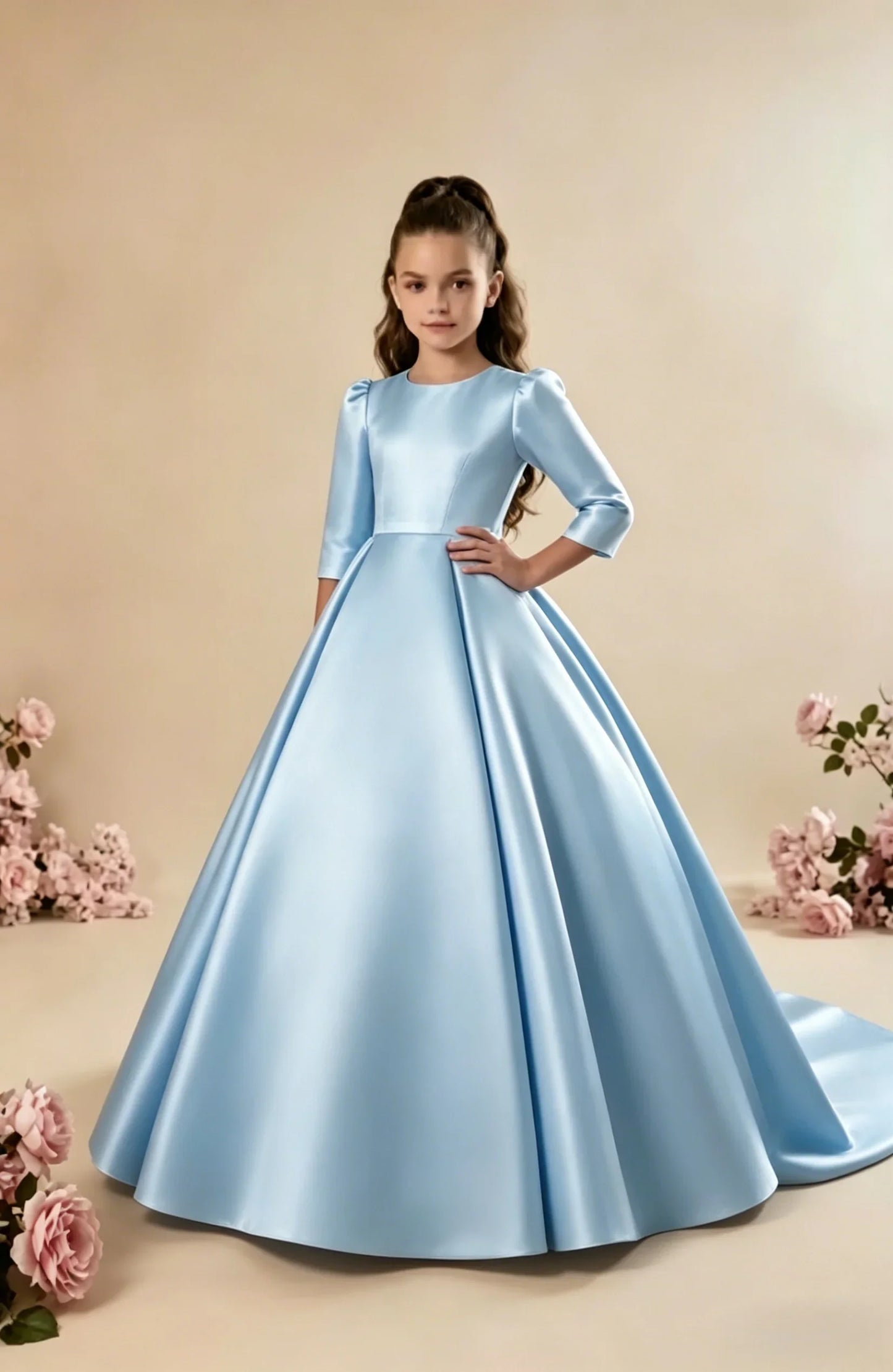 Custom Girls First Communion Dress 2025 New Long Sleeve Matte Satin A-Line Tail Evening Gown Girls Wedding Party Princess Dress