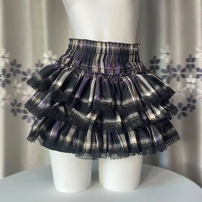 Y2k Harajuku Gothic Lolita Kawaii Plaid Mini Skirts Women Punk Vintage Lace Cake Skirt Subculture Fashion Ball Gown Short Skirts
