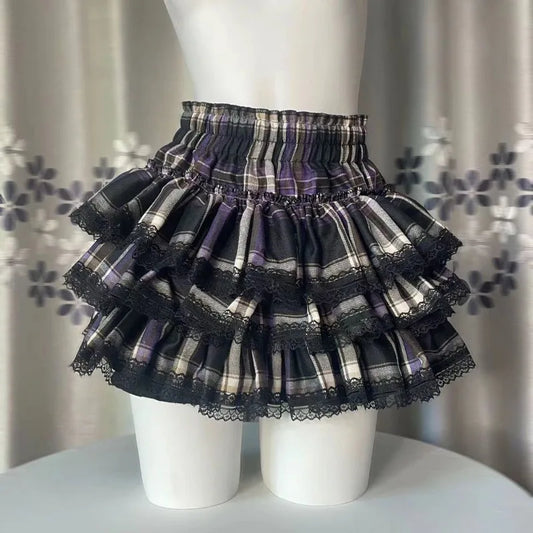 Y2k Harajuku Gothic Lolita Kawaii Plaid Mini Skirts Women Punk Vintage Lace Cake Skirt Subculture Fashion Ball Gown Short Skirts