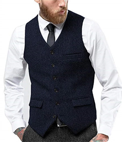 Herringbone Vest for Men Wool Tweed Waistcoat for Groom Groomsman Formal Single Breasted Males Plus Size Dress Suit Vest