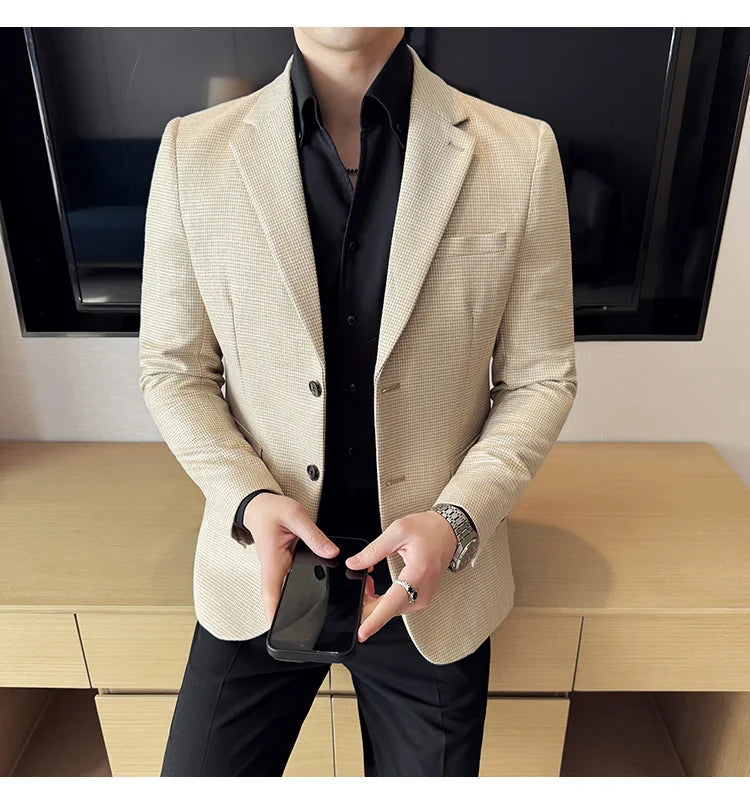 Bright Silk Thousand Bird Grid Suit Jacket Korean-style Business Fashion Slim Fit Single Breasted Men Social Party Dress Coats