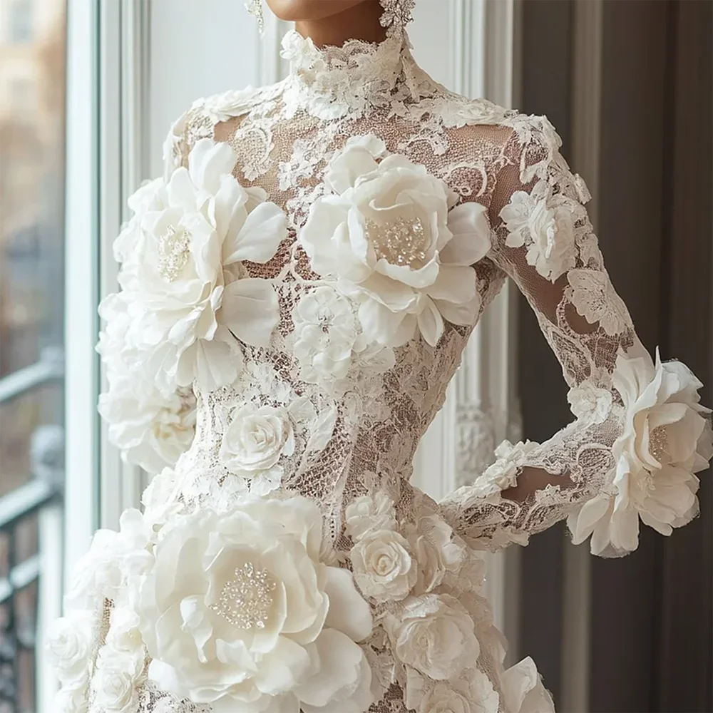 Luxury Cocktail Dresses High Collar Flowers Long Sleeves Mini Dress Exquisite High Quality Prom Party Gowns for Women Customized