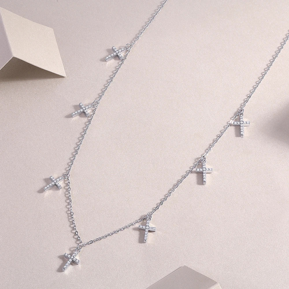 Certified Moissanite Diamond Necklace with Cross Shape Pendant S925 Silver Plated 18k Stacking Neck Chain for Women Fine Jewelry
