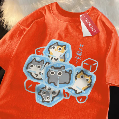 Ice Cat Fun Cartoons Cats Print Clothes Men Women Oversize Breathable T Shirt Summer Comfortable Casual T-Shirt Cotton Tee Shirt