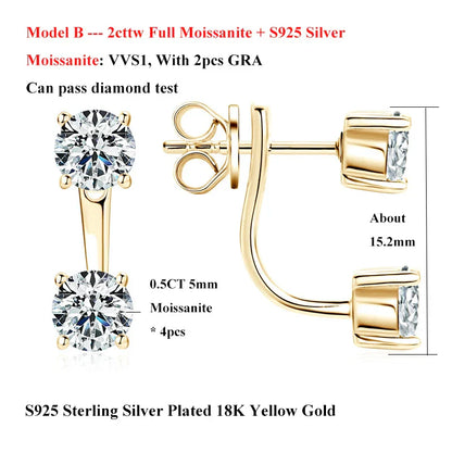 2 in 1 Full 5mm D Color Moissanite Stud Earrings for Women S925 Silver 2cttw All Diamond Earring Pierced Ear Fine Jewelry
