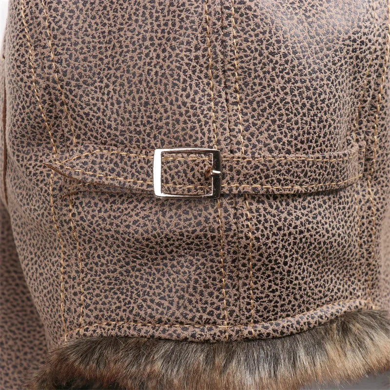 Winter Men Bomber Hat With Goggles Outdoor Motorcycle Windproof Warm Faux Fur Pilot Earflap Hat Leather Thermal Ushanka