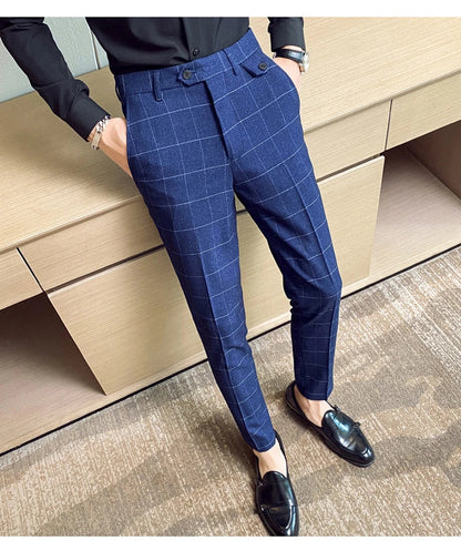 Boutique Classic Plaid and Striped Fashion Men's Casual Business Slim Suit Pants Groom Wedding Dress Trousers Party