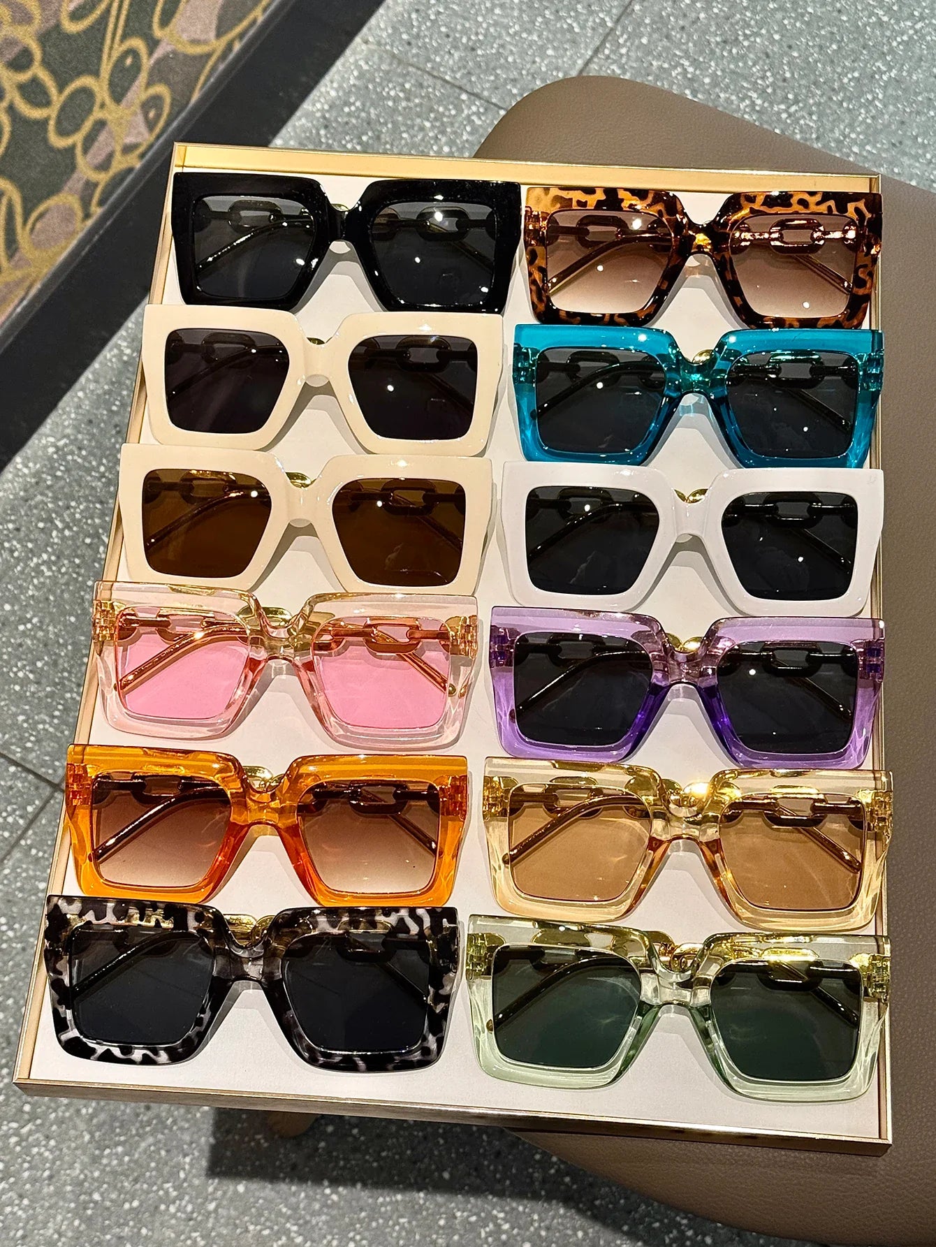 12Pcs Extra Large Square Frame Glasses Metal Hinge Popular Fashionable Multi-Color Classic Color Combination Glasses Set