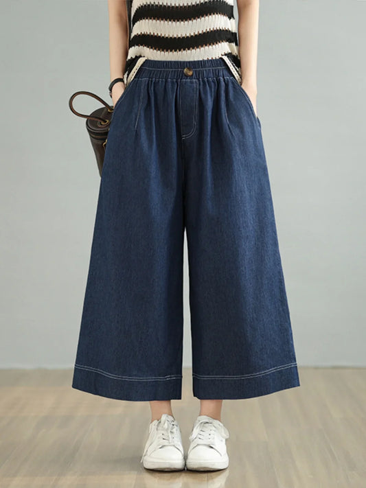 Spring 2026 plus Size Elastic Waist Denim Pants Women's Loose Wide Leg Casual Nine Point Skirt Pants High Waist Blue Jeans
