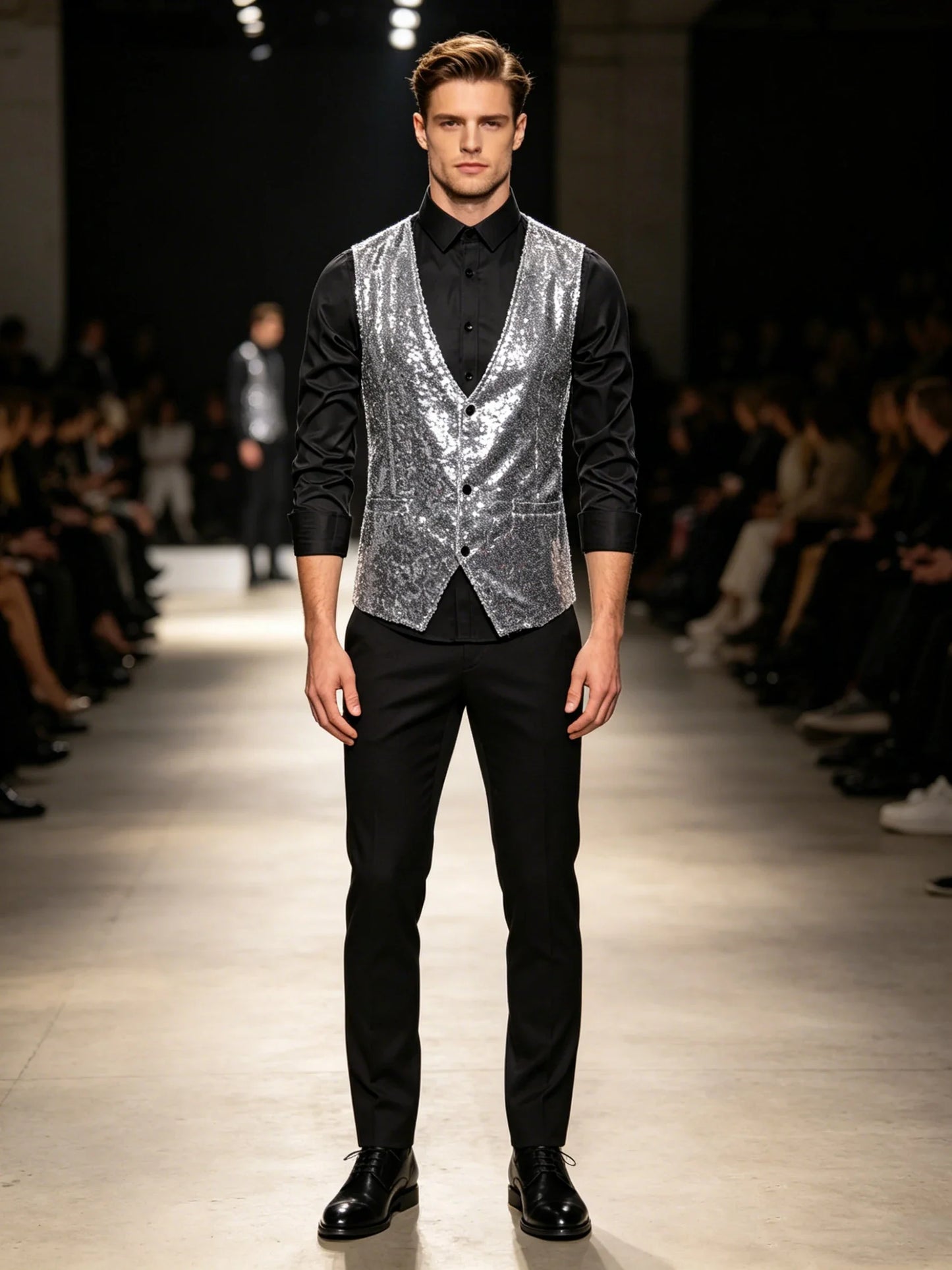 Shiny Sequin Men's V Neck Vest Single Breasted Suit Gilet Waistcoat for Wedding Prom Party Club Nightclub DJ Stage Performance