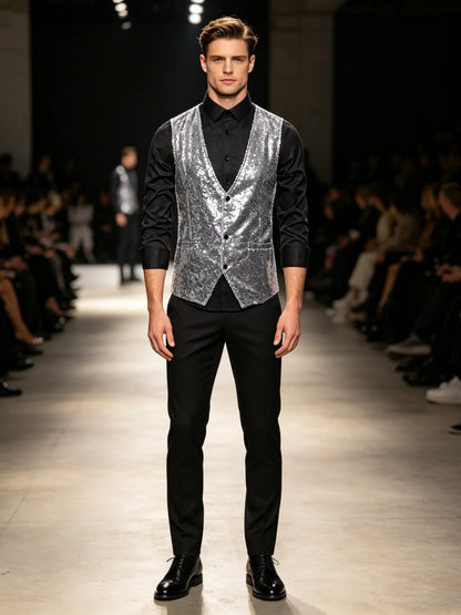 Shiny Sequin Men's V Neck Vest Single Breasted Suit Gilet Waistcoat for Wedding Prom Party Club Nightclub DJ Stage Performance