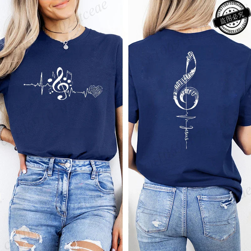 Musical Notes Printed T-Shirt for Women,Heartbeat Music Graphic Tee Shirts Clothes,Aesthetic Women's Tee T-Shirts Musician Gift