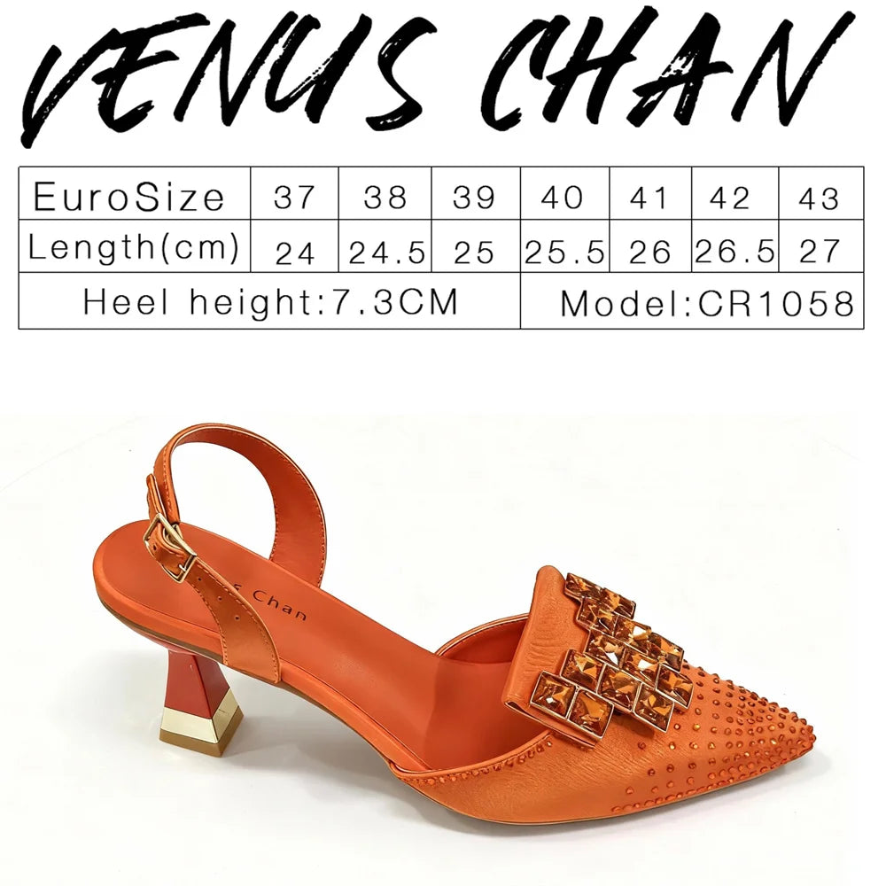 Stylish Orange Rhinestone High Heel Shoes & Matching Handbag - Elegant Pointed-Toe Footwear for Women, Ideal for Parties