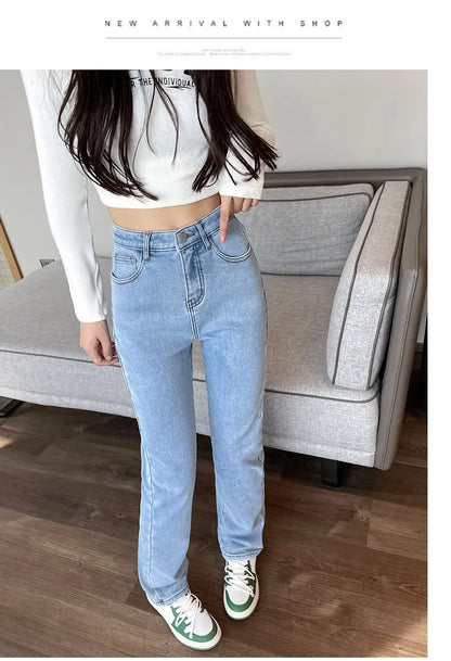 Black 2024 Winter Straight Fleece Jeans Women Casual Vintage Warm Thick Loose High Waist Elastic Velvet Denim Pants