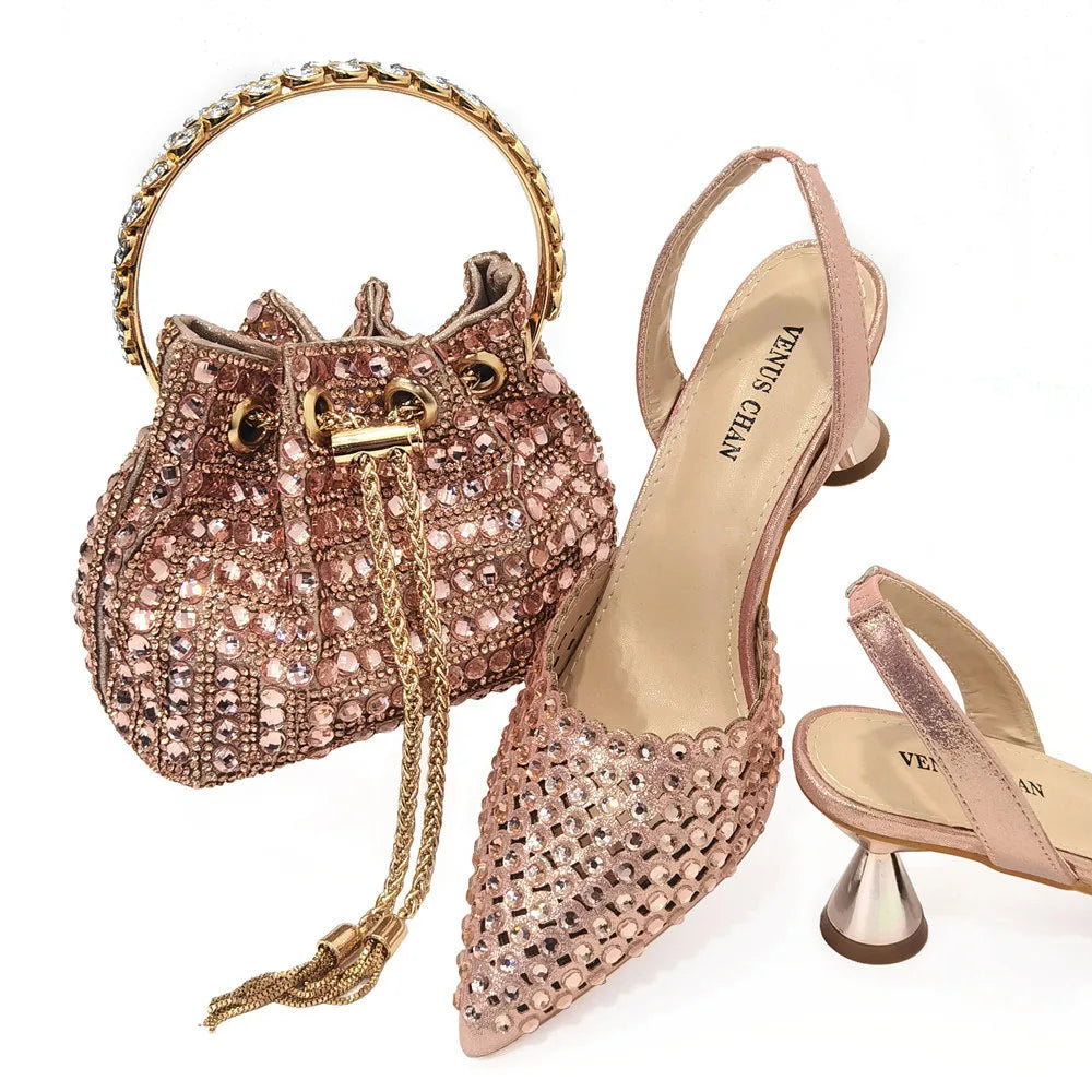 Shoes for Women High Heels 2023 Pointed Luxury Designer Colorful Stones Evening Party Matching Shoes and Bags Sets