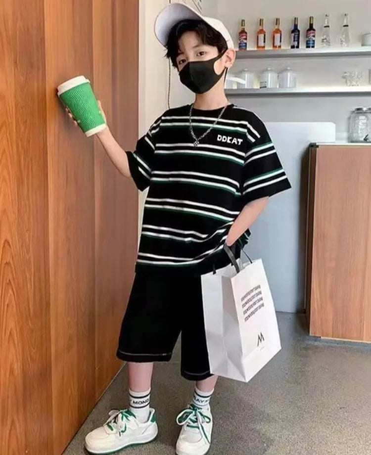 Striped Short-sleeved Shirt Boy Outfit 2025 Children's Clothing Toddler Cartoon Fashion Boys Set Kids Sweatshirt Summer Suit Top