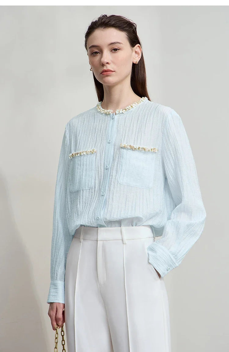 Women's Shirt 2025 Autumn New Elegant Versatile Women's Blouse Pockets O-Neck Loose Long Sleeves Casual Ladies Tops12543146