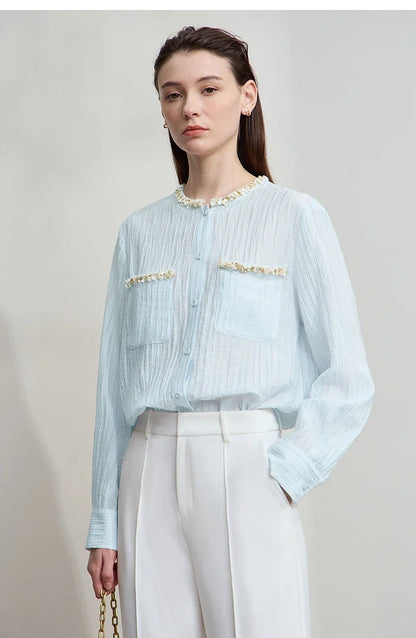 Women's Shirt 2025 Autumn New Elegant Versatile Women's Blouse Pockets O-Neck Loose Long Sleeves Casual Ladies Tops12543146