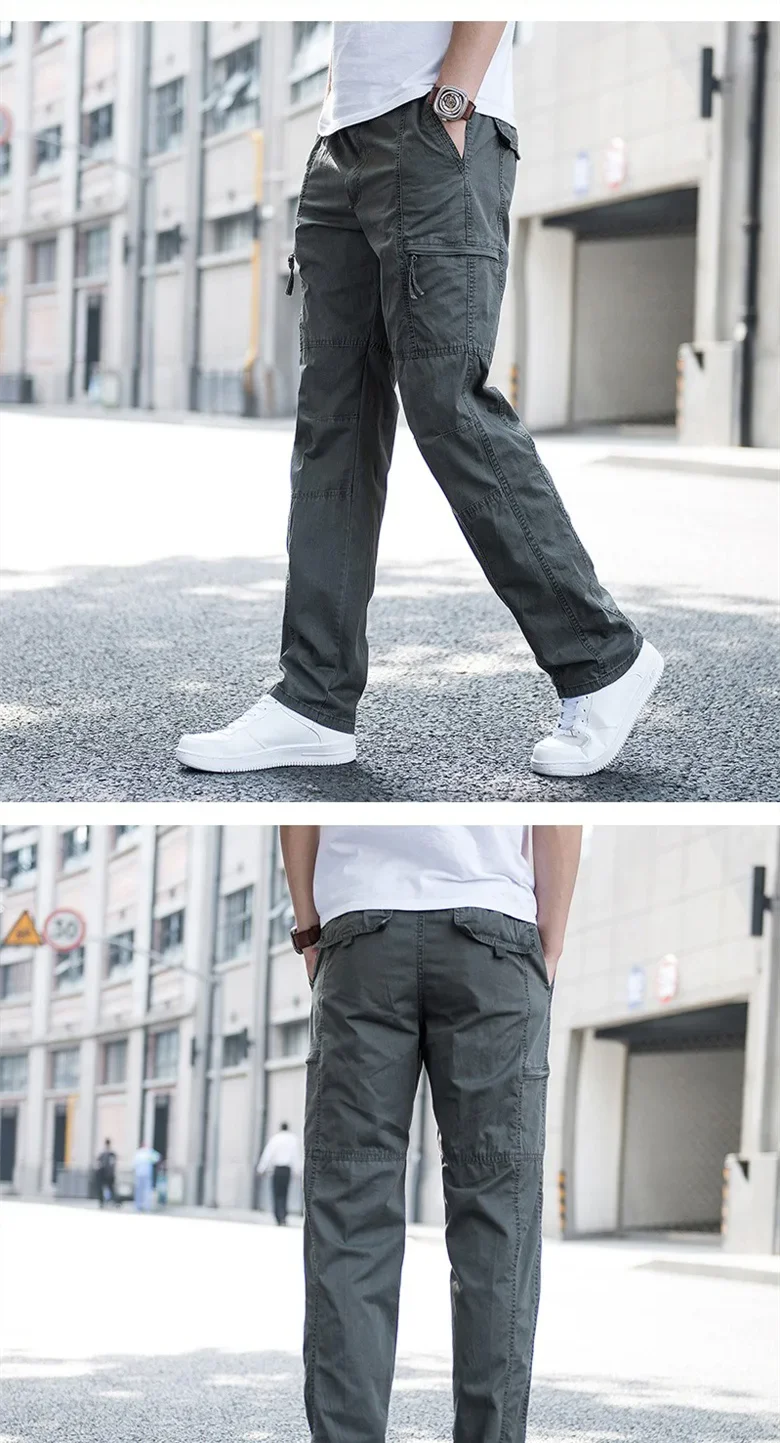 Casual Pants Men's Cargo Trousers Straight Leg Work Pants Men Cotton Casual Loose Spring Summer Wide Overalls Male Multi Pockets