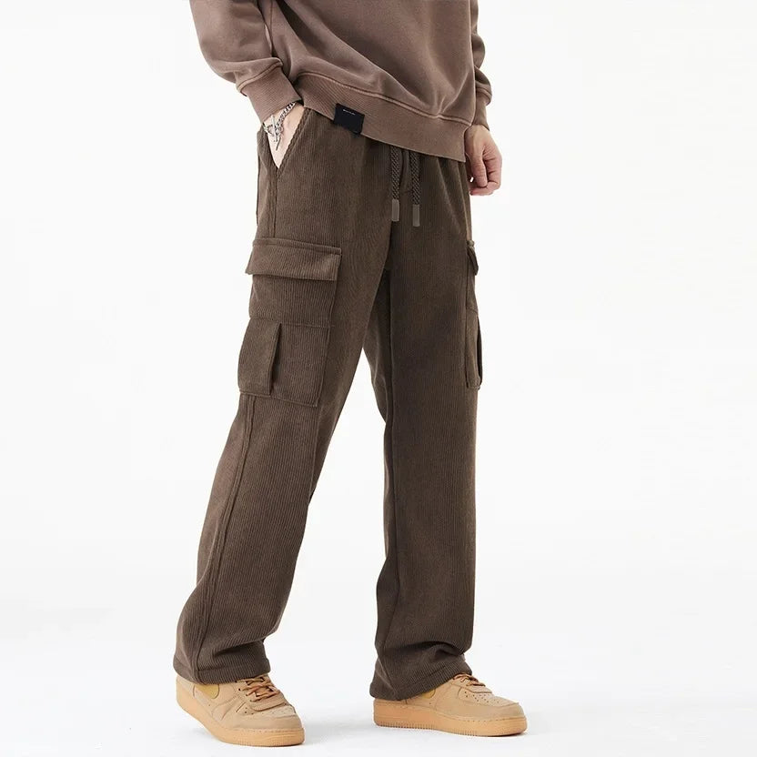 2026 New in Winter Corduroy Pants Men Straight Wide Leg Cargo Trouser Male Elastic Waist Loose Fit Thick Brown Warm Fleece Plush