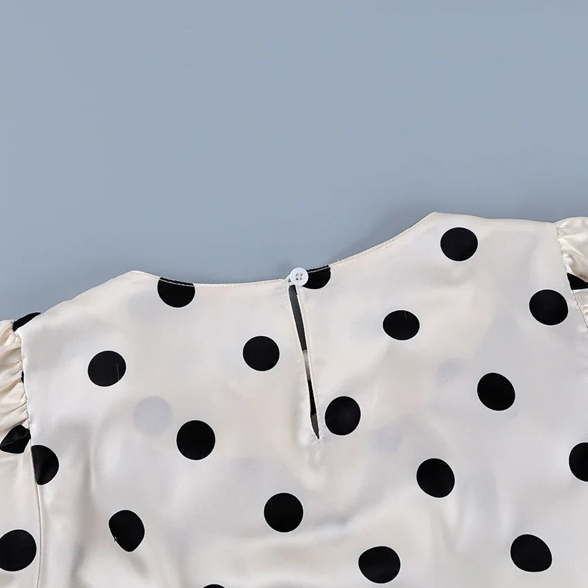 Vintage Polka Dot Puff Sleeve Woman Blouse 2026 Street Chic Ruched O Neck Shirts Female Summer Casual Ruffles Tops Women