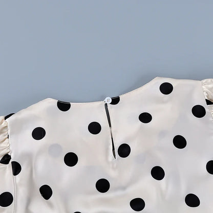 Vintage Polka Dot Puff Sleeve Woman Blouse 2026 Street Chic Ruched O Neck Shirts Female Summer Casual Ruffles Tops Women
