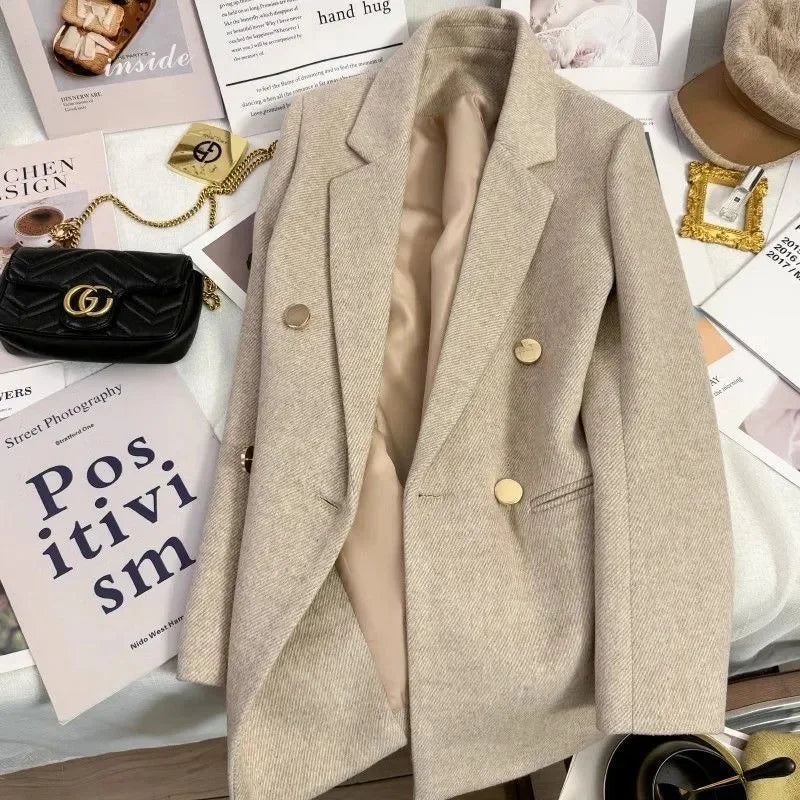 Fashion Woolen Suit Jacket Women's Vintage Blazers Double-breasted Office Coat Female Casual Outerwear Spring Autumn Streetwear