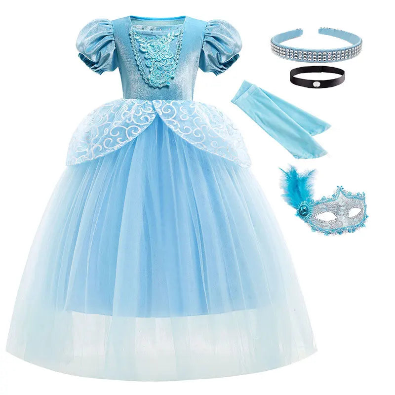 Girl Fancy Birthday Party Cinderella Ball Gown with Gloves Embroidery Floral Puffy Kids Princess Party Dress Fairy Glass Slipper