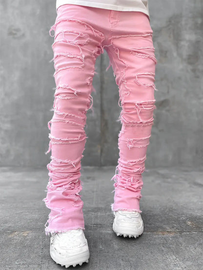New European and American Heavyweight Streetwise Stretch Patch Jeans for Men, High Street Straight Fit Long Jeans16-3001