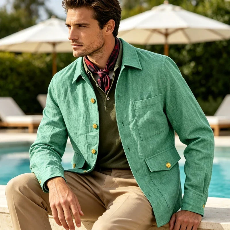Vintage Men's Linen Jacket Lapel Collar Gold Button Casual Slim Fit Coat Lightweight Breathable for Formal Daily Office Wear