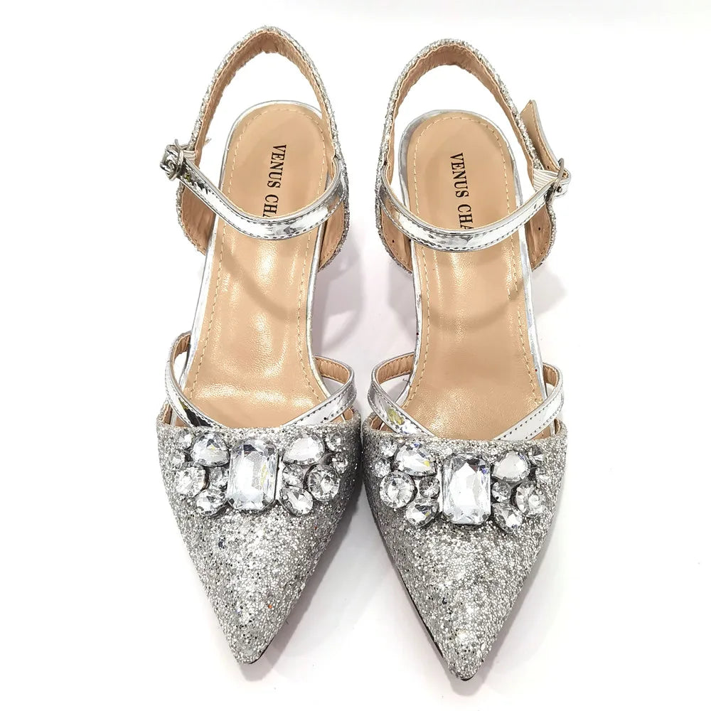 2022 Nigerian Fashionable Silver Color Peep Toe Shoes Matching Bag Set For Royal Ladies Wedding Party Sandal