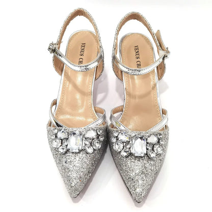2022 Nigerian Fashionable Silver Color Peep Toe Shoes Matching Bag Set For Royal Ladies Wedding Party Sandal