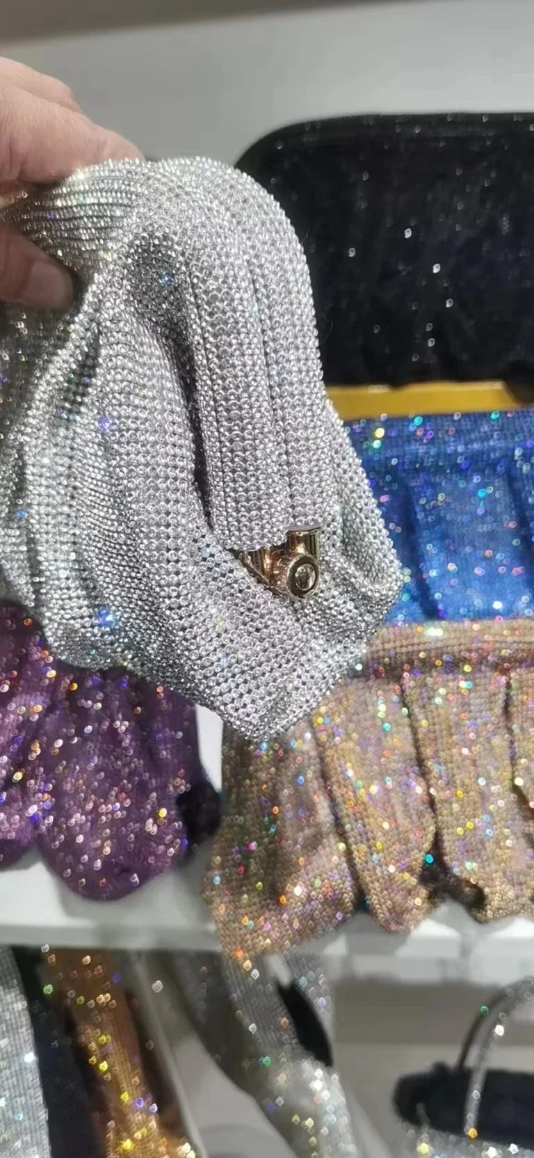 Shiny Silver Rhinestone Clutch Bags Women 2023 Luxury Designer Trending Boutique Folds Crystal Purses and Handbags Wedding Party