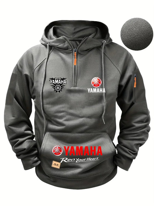 2026 new Yamaha autumn and winter retro heavyweight men's fleece hooded sweatshirt long sleeved motorcycle casual jacket
