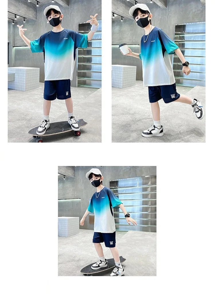 Summer Boys Gradient Quick-dry T-Shirt Top+Shorts Pant Sportswear Set School Kids 2PCS Tracksuit Children Jersey Outfit 5-16 Yr