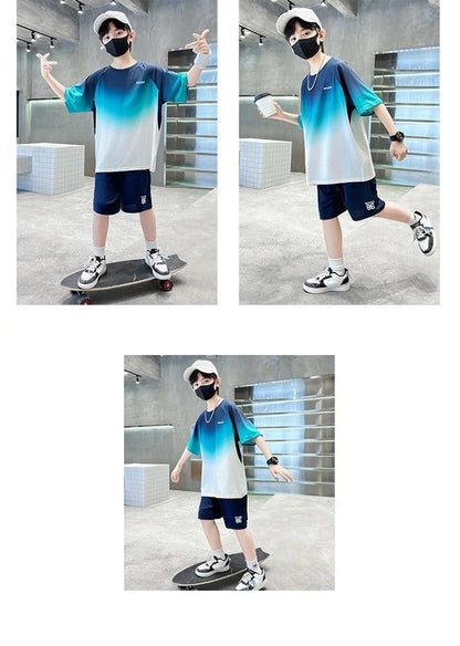 Summer Boys Gradient Quick-dry T-Shirt Top+Shorts Pant Sportswear Set School Kids 2PCS Tracksuit Children Jersey Outfit 5-16 Yr