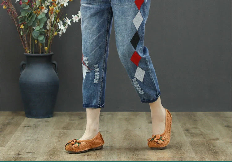 Summer Females Luxury Embroidery Jeans Womens Fashion Vintage Ripped Denim Trousers Loose Holes Elastic Harem Pants